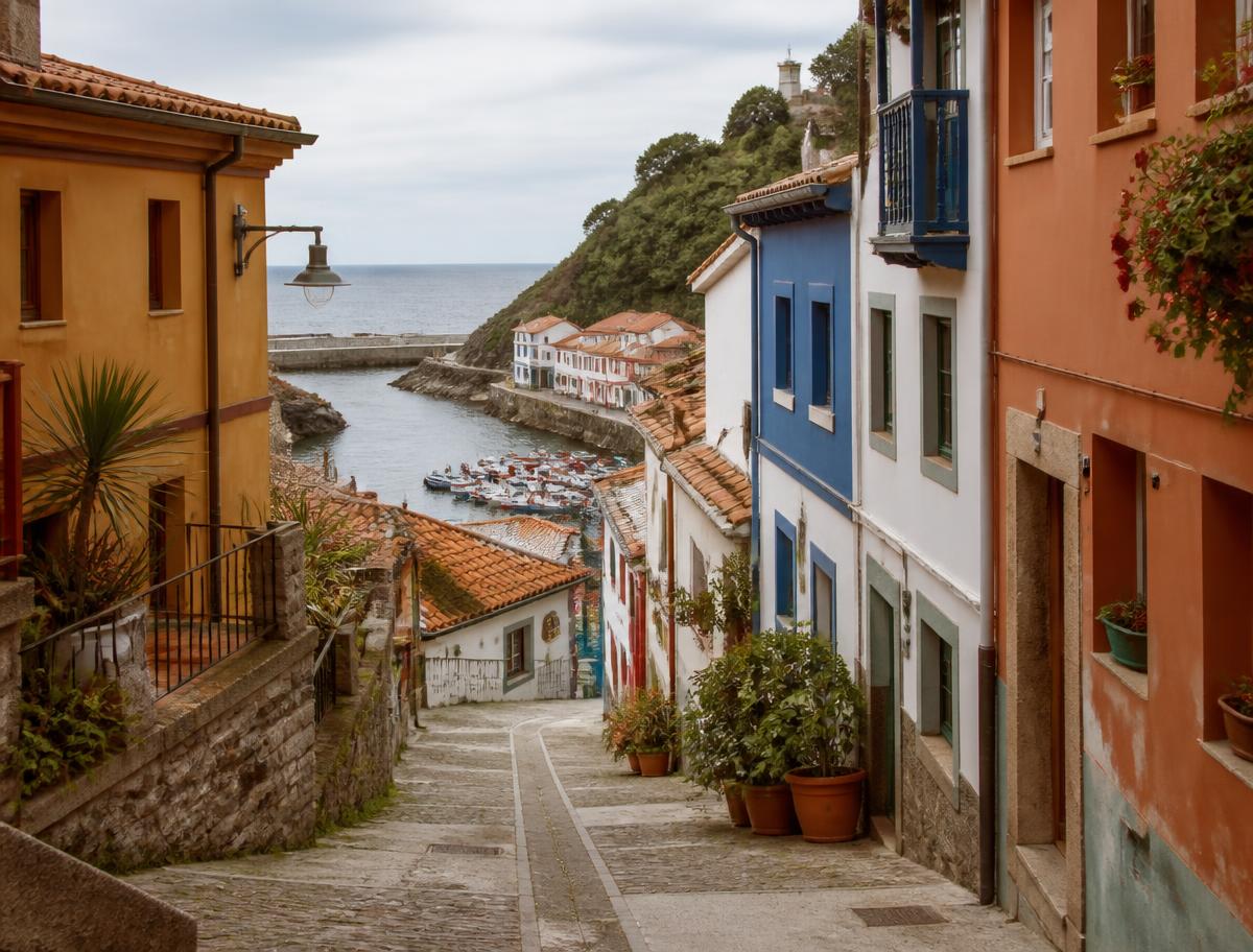 Calle empedrada de Cudillero con casas de colores bajando hacia el puerto